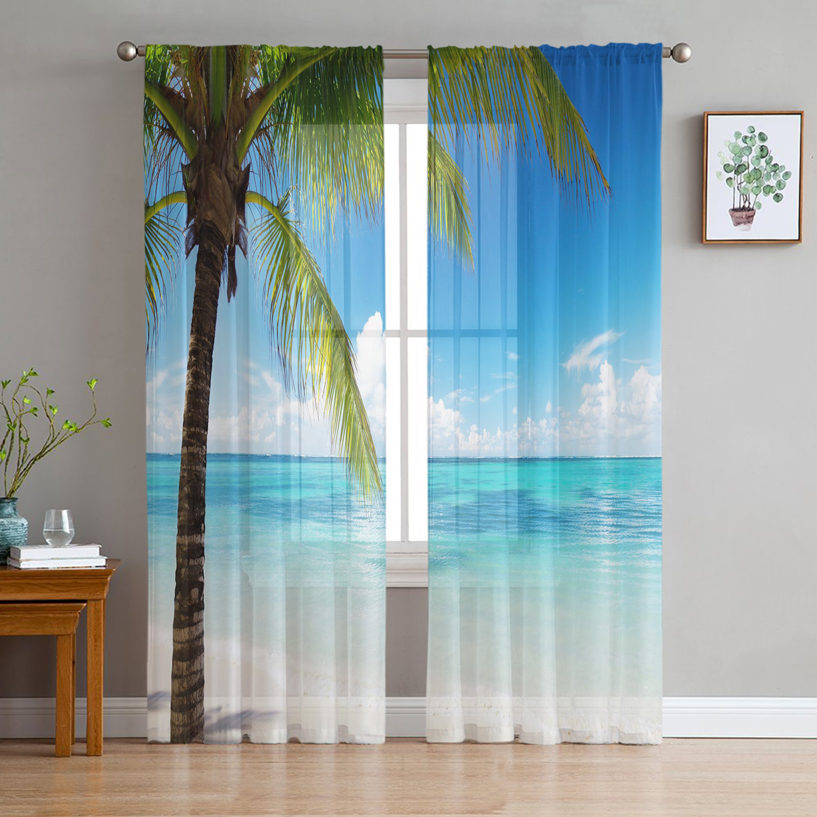 Beach Coconut Palm Tree Chiffon Sheer Curtains for..